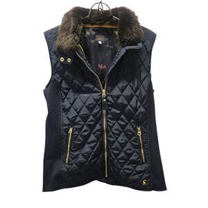 Joules Navy Blue Quilted Puffer Vest Faux Fur Collar Gold Hardware US Sz 10